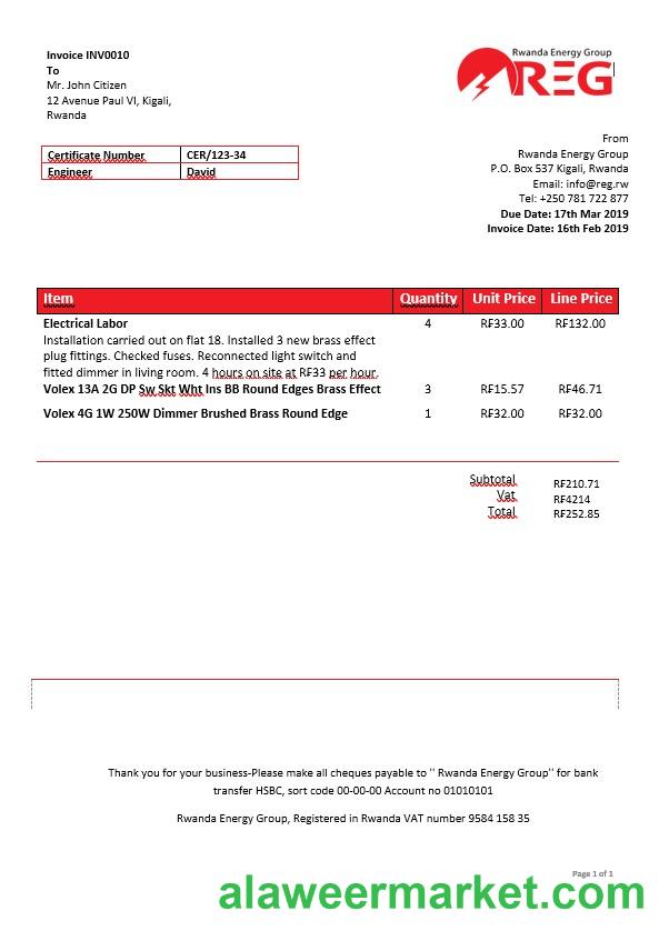 Rwanda Energy Group electricity bill in Word format